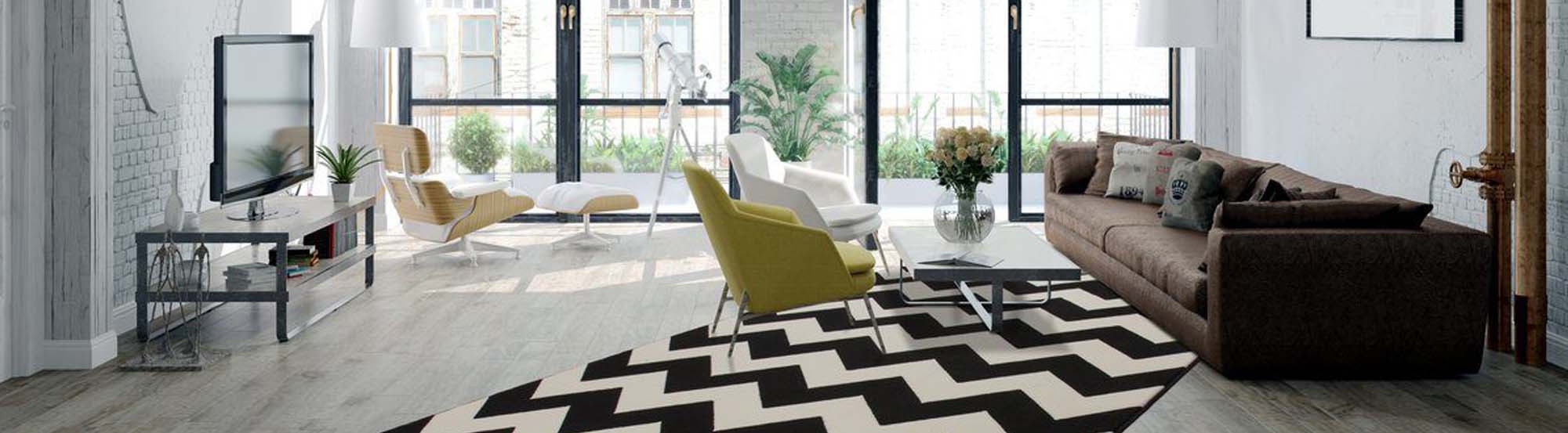 Salon avec tapis rond noir et blanc