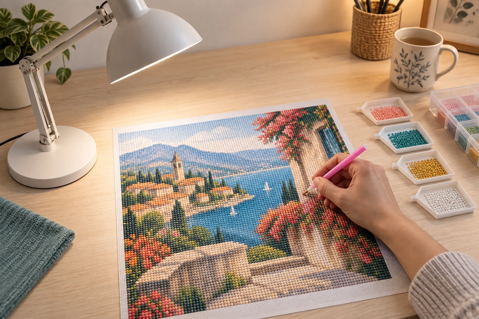 Lampe placée à gauche d’une main droite travaillant sur une toile de broderie diamant