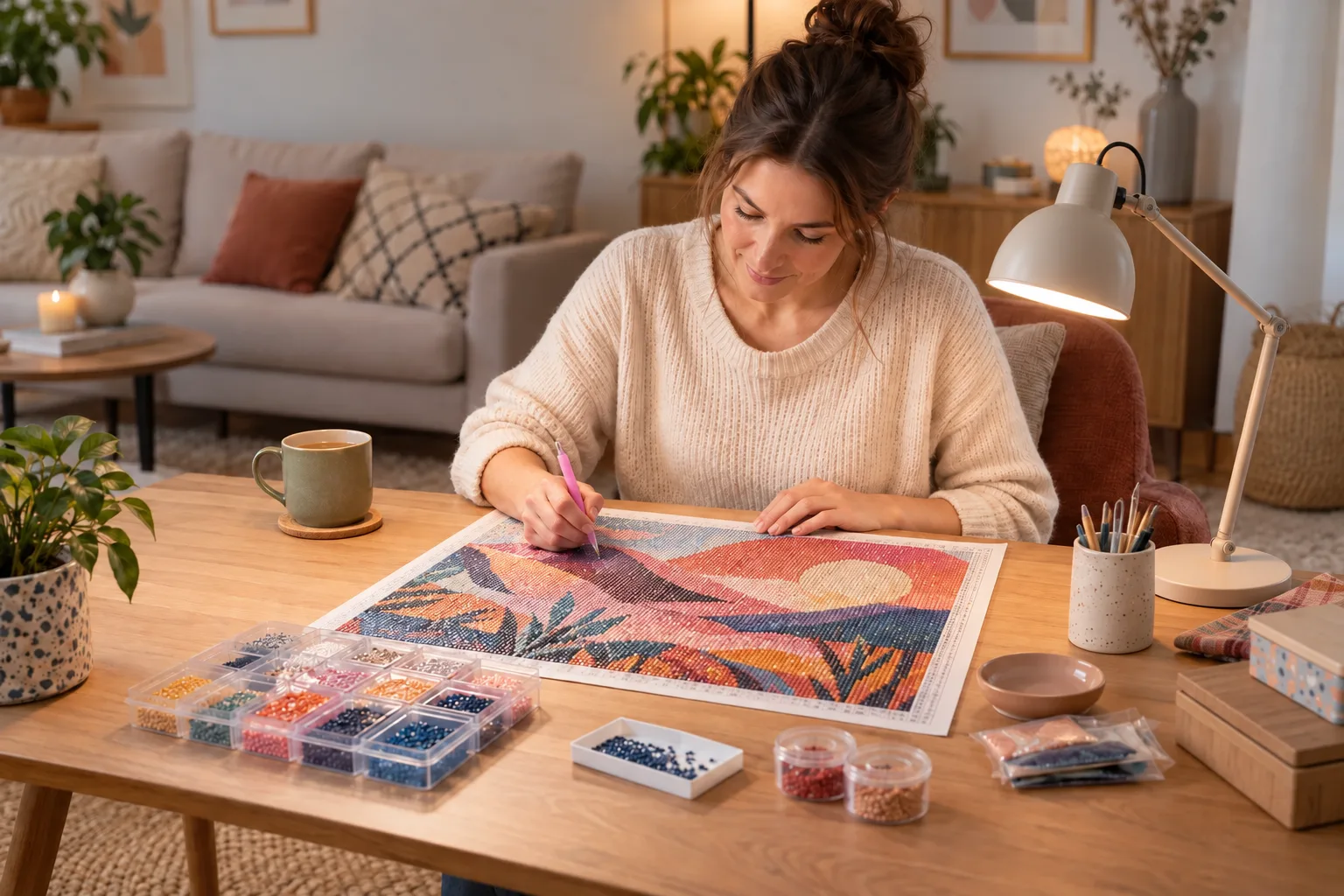 Table de broderie diamant éclairée par une lampe articulée placée sur le côté